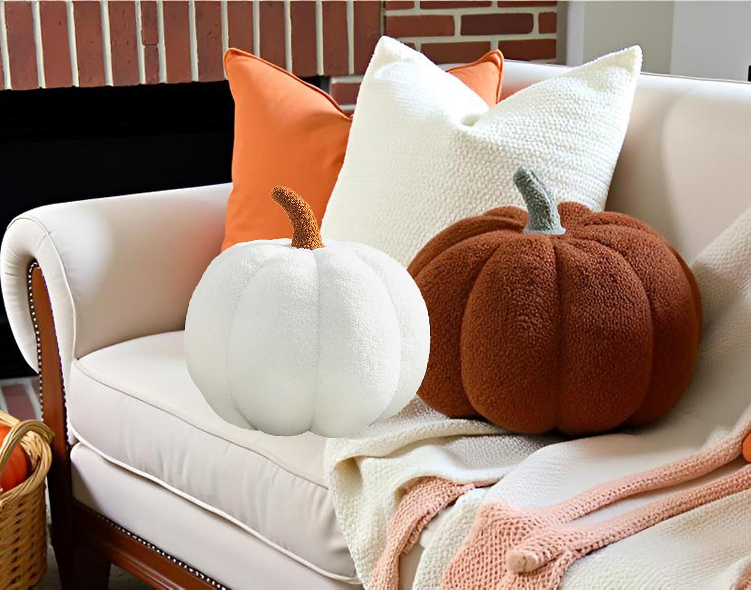 Plush Pumpkin Throw Pillows for Fall Party Decoration Happy Hallween Decoration Pillow Sofa Lumbar Cushion for Home Car Bedroom Living Room,Caramel,13.78"