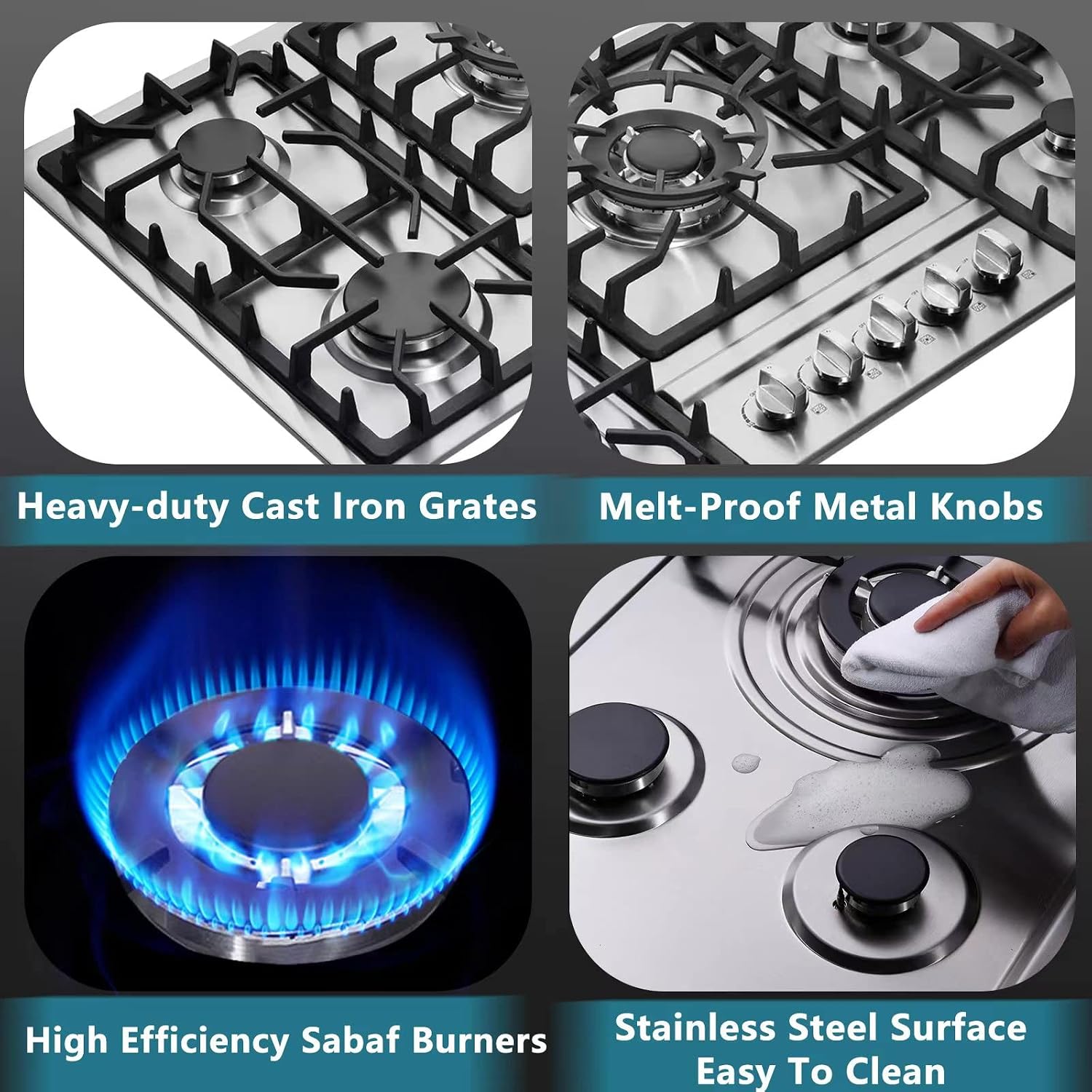 DM5808 34 Inch Stainless Steel Built-in 5 Burner Gas Cooktop - LPG/NG Convertible Dual Fuel Gas Hob