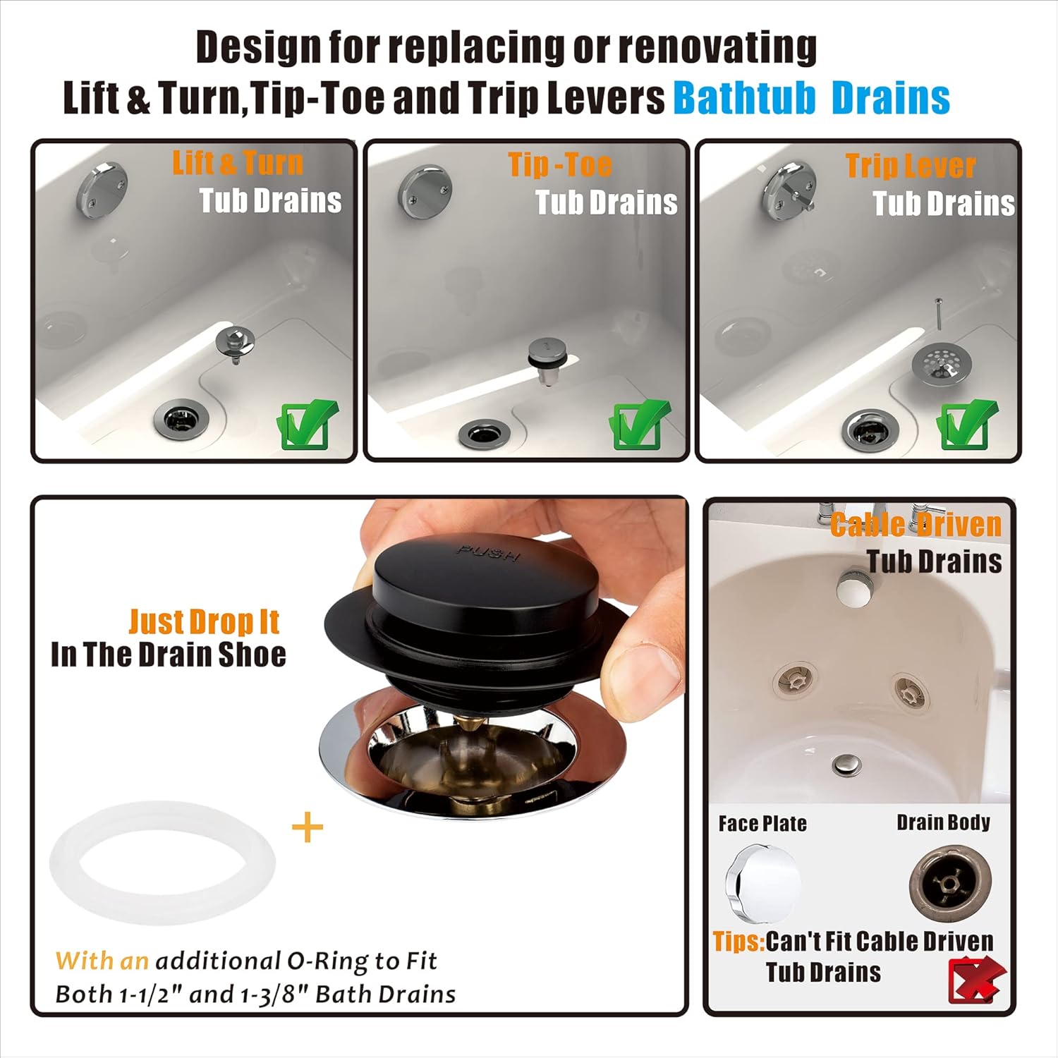 Artiwell Universal Tip Toe Bath Drain Stopper and Cover, Bathtub Drain Stopper, Replaces Lift and Turn, Tip-Toe and Trip Lever drains for Tub, EZ Installation and Clearing (MATT Black)