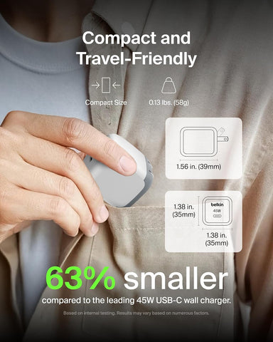 Belkin 45W Compact USB C Charger Block, Fast Charging for Travel