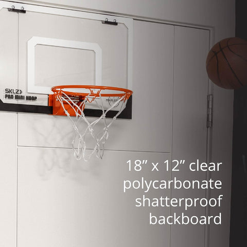 SKLZ Pro Mini Indoor Basketball Hoop with Ball, Over the Door, Shatter-Proof Backboard, Spring-Action Break-Away Steel Rim, Great for Home, Dorm Room, and Office