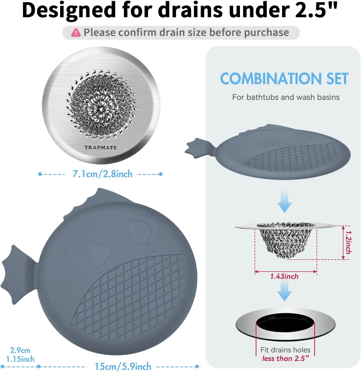 TRAPMATE Bathtub Stopper Drain Strainer Kit, Easy Clean Tub Shower Drain Hair Catcher, Anti-Clog Stainless Steel Sink Cover, Drain Protector for Bathroom Sink & Wash Basin (Patented Product)