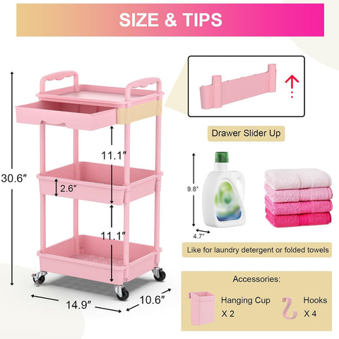 Goovilla 3 Tier Rolling Utility Cart Organizer with Removable Drawer, Pink