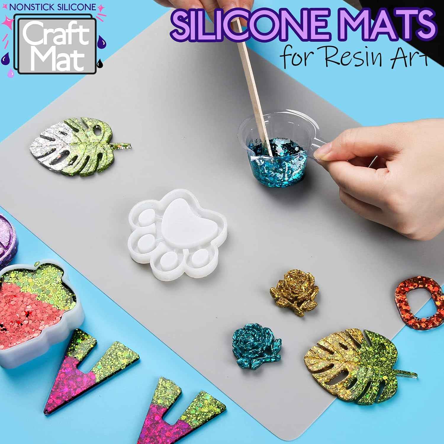 LEOBRO Silicone Mats for Crafts, 2 Pcs 11.69" x 8.26" Silicone Mats for Resin, Paint Clay Play Dough Mat, DIY Arts and Crafts, Light Gray & Clear