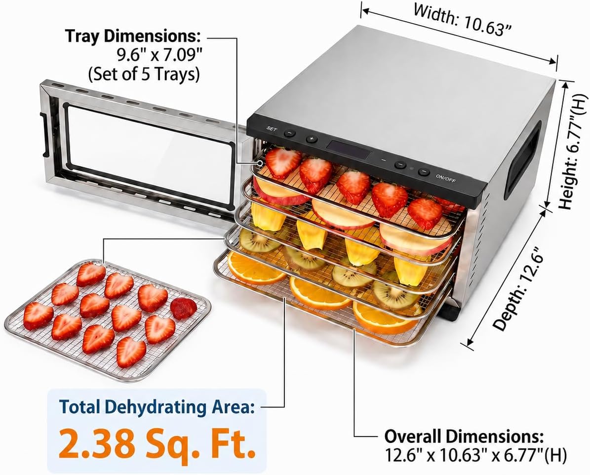 Food Dehydrator Machine - 5 Stainless Steel Trays, Digital Adjustable Timer, 400W, 176°F, Temperature Control, Mini Dryer for Jerky, Herb, Meat, Beef, Fruit and Dog Treats, Model 2015YJ, Silver