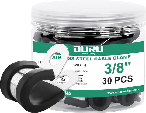 OURU 30pcs 3/8 Inch Stainless Steel Cable Clamps,Rubber Coated Cushioned Insulated Cable Clamp,Automotive Cable Wire Clamps,Pipe Clamps,Metal Clamp for Tube,Lines,Wire Cord Installation(Black,10mm)