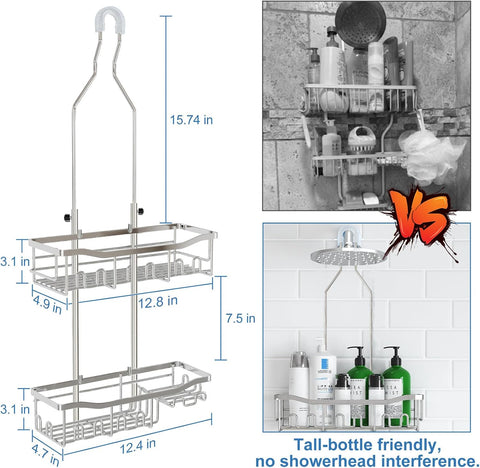 Upgraded Extended Length Shower Organizer with Hooks, Rustproof Shampoo Soap Holder, Large Hanging Bathroom Caddy, Silver
