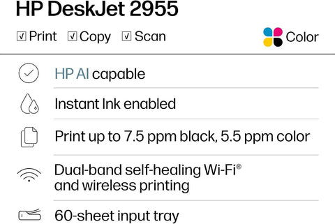 HP DeskJet 2955 Wireless All-in-One Color Inkjet Printer, Scanner, Copier, Best-for-Home, 3 Month Trial of Instant Ink Included, AI-Capable (A24HJA)