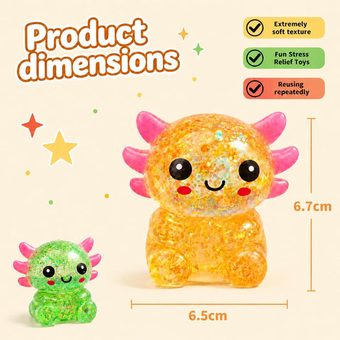2 Packs Axolotl Squishy Toy, Glitter Fidget Toys Cute Axolotl Stress Relief Squeeze Toy Gifts for Kids Adult, Squishies Toys，orangegreen