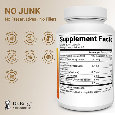 Dr. Berg 7-in-1 Vitamin D3 K2 5000 IU | Naturally Derived D3 | 4X Lab-Tested & Verified | High Absorption Formula | K2 D3 Vitamin Supplement | 60 Capsules