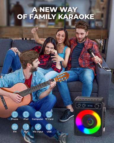 VOSOCO Karaoke Machine, Portable Bluetooth Karaoke Speaker with 2 Wireless Microphones, PA System for Adults Kids with LED Lights, Supports REC/FM/AUX/USB/TF for Home Party