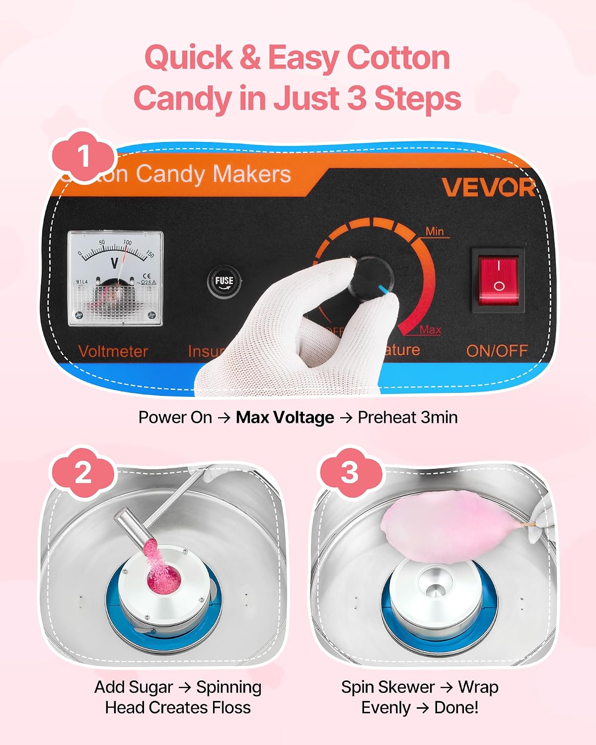 VEVOR Electric Cotton Candy Machine, 1000W Commercial Floss Maker With Cover, Commercial Cotton Candy Machine w/Stainless Steel Bowl & Sugar Scoop, Ideal for Carnival, Birthday, Family Party, Blue