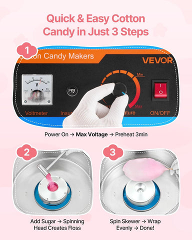 VEVOR Electric Cotton Candy Machine, 1000W Commercial Floss Maker With Cover, Commercial Cotton Candy Machine w/Stainless Steel Bowl & Sugar Scoop, Ideal for Carnival, Birthday, Family Party, Blue
