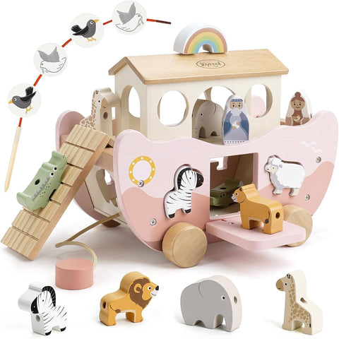 Joyreal Pink Wooden Noah's Ark Toy for 1 Year Old Baby Girl Baptism Gifts
