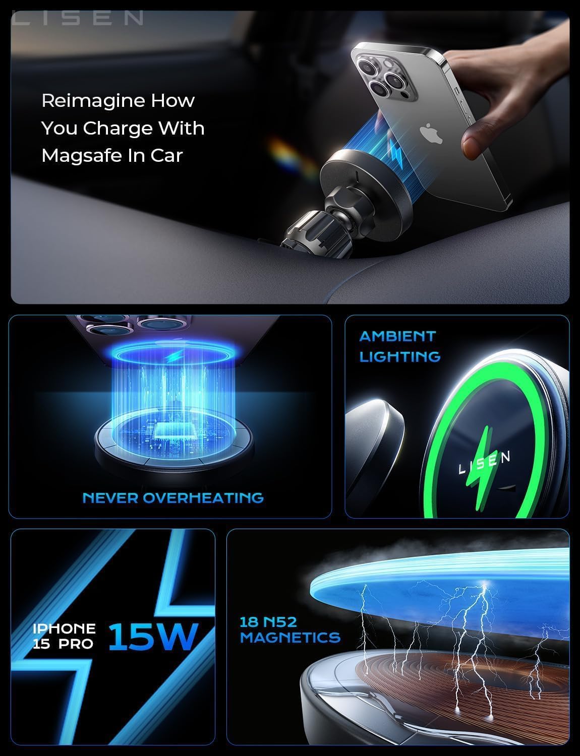 LISEN 15W MagSafe Car Mount Charger, Magnetic Phone Holders for Your Car