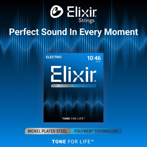 Elixir Strings, Electric Guitar Strings, Nickel Plated Steel with POLYWEB Technology, Longest-Lasting Warm Tone with Comfortable Feel, 6 String Set, Light 10-46