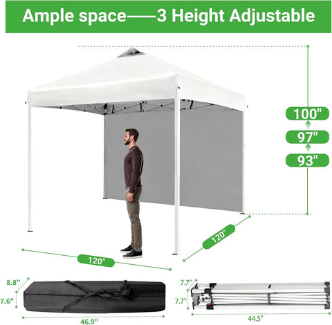 10X10FT Pop Up Gazebo, Adjustable Height Outdoor Canopy Tent with 1 Sidewall, Roller Carrybag, Ground Spikes & Sandbags for Camping, Patio, Backyard, Events, White