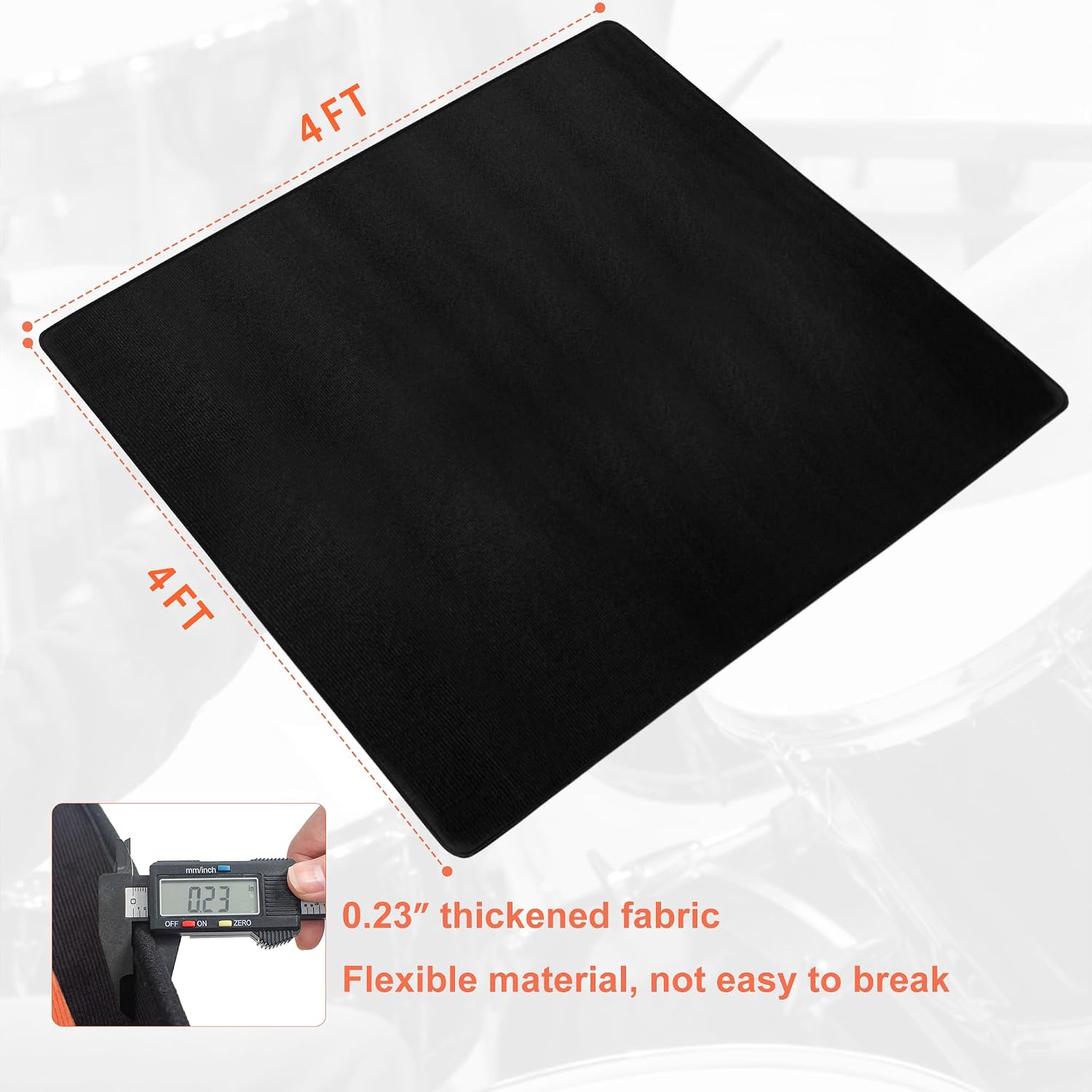 Drum Rug, 4 Ft x 4 Ft Drum Mat Carpet Music Rug with Non-Slip Bottom, Noise Reduction Electrical Pads for Drummers, Black