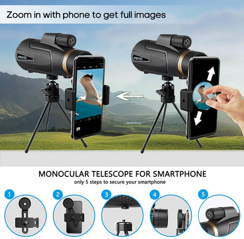 12x60 Monocular Telescope with Smartphone Holder & Upgraded Tripod, High Powered SMC & BAK4 Scope, Birthday Gifts for Men Dad Him Husband Teen, White Elephant Gift, Outdoors Survival Hiking Gear