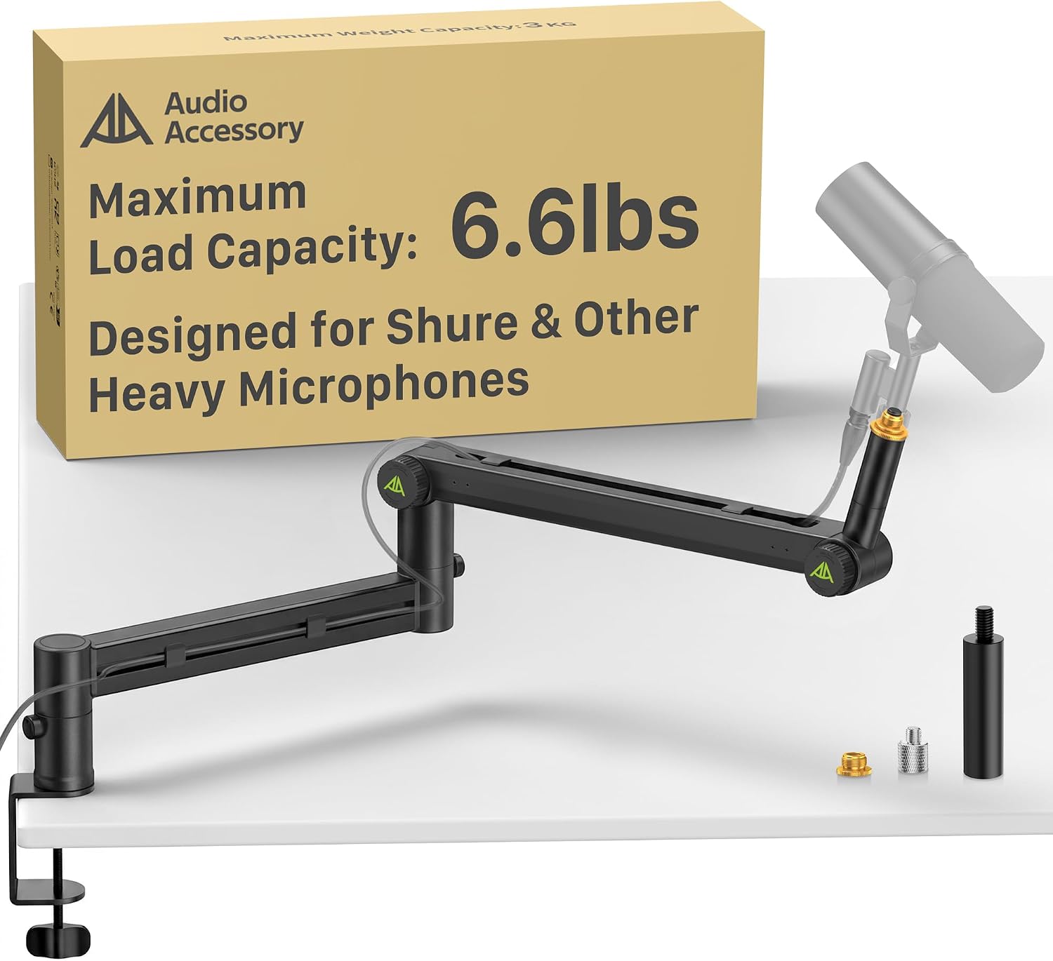 AA AUDIO ACCESSORY Mic Arm Desk Mount (Design for Heavy Mic) 6.6lbs Load Capacity, Stable Gear Lock Never Sags, Metal Low Profile Microphone Boom Stand for Shure SM7B SM7dB MV7, Blue Yeti, Rode PodMic