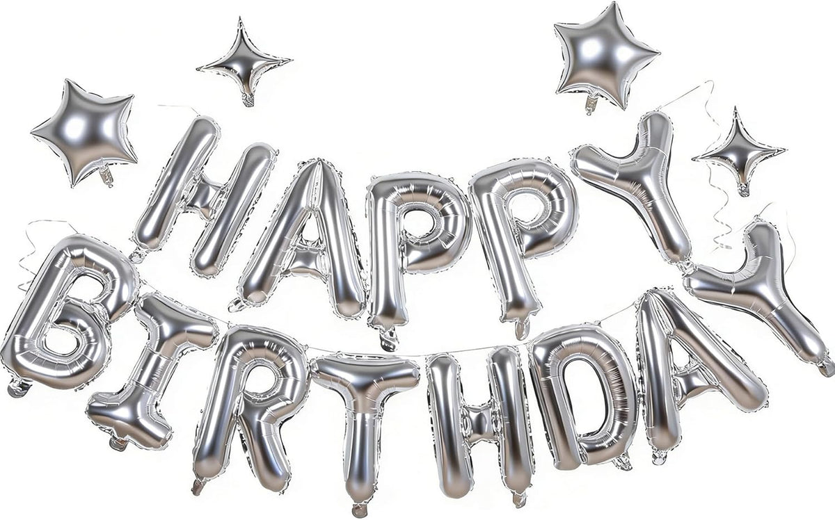 Silver Happy Birthday Balloons Banner Sign Mylar letter Party Decoration