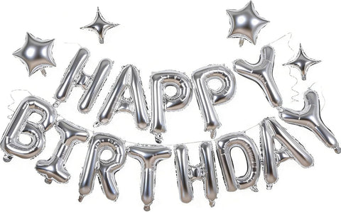 Silver Happy Birthday Balloons Banner Sign Mylar letter Party Decoration