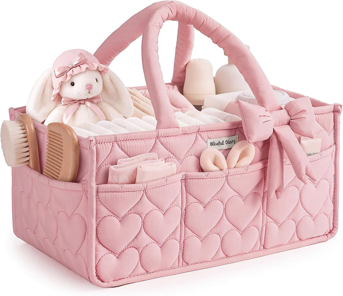 Blissful Diary Baby Diaper Caddy Organizer, Heart-Quilted, Light Pink