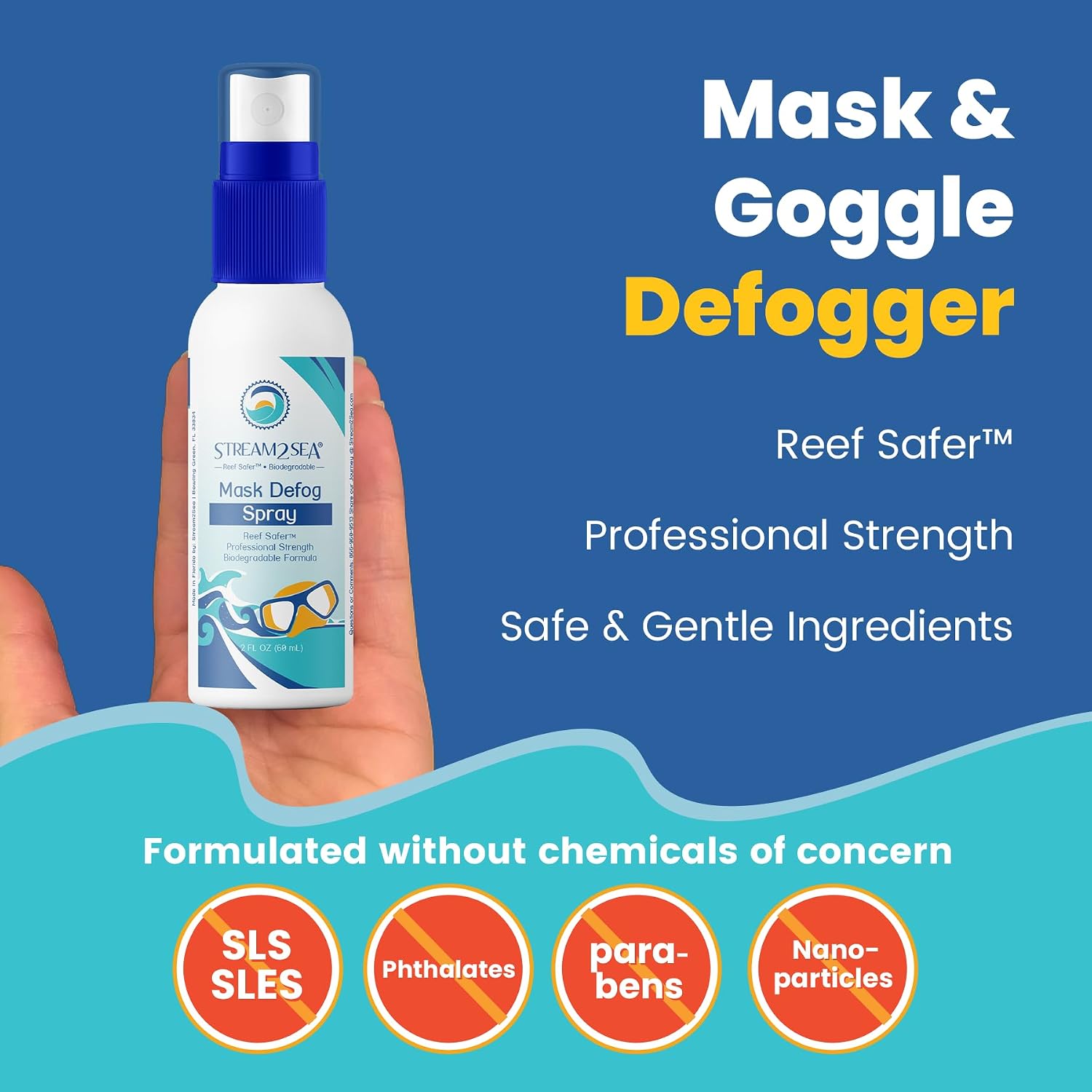 STREAM 2 SEA Reef Safe Anti-Fog Spray for Swim Goggles, Snorkel, Scuba & Ski Masks – Defogger for Diving, Snorkeling – 2Fl Oz