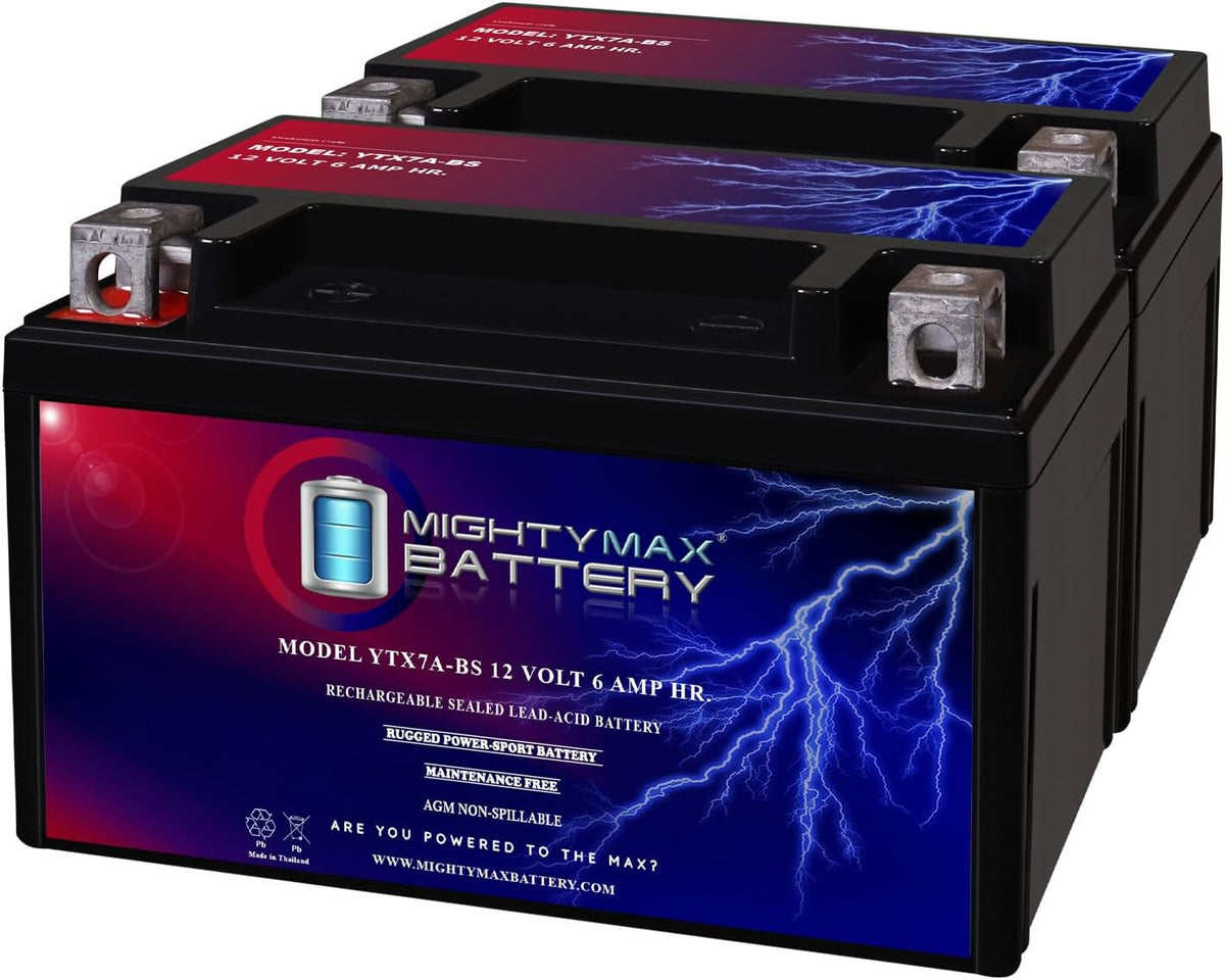 Mighty Max Battery YTX7A-BS 12V 6AH Sealed Lead AGM Battery For Motorcycle - 2 Pack