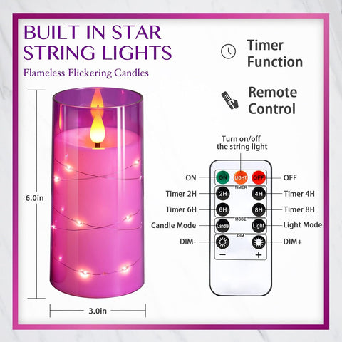 NURADA 3"x6"Flickering Flameless Candles: Built-in Star String Lights 3D Wick Battery Operated LED Pillar Candles with Remote and Timer for Table Wedding Centerpieces Party - 2 Pack Purple