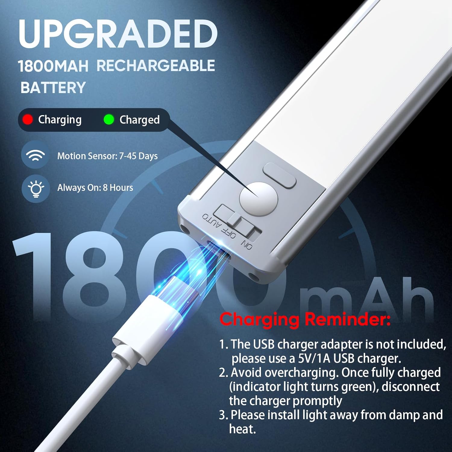 MCGOR 10inch Under Cabinet Lighting, 2 Pack Rechargeable Motion Sensor Light Indoor, 5 Levels Dimmable Magnetic Closet Lights, Wireless Under Counter Lights for Kitchen, Stairs
