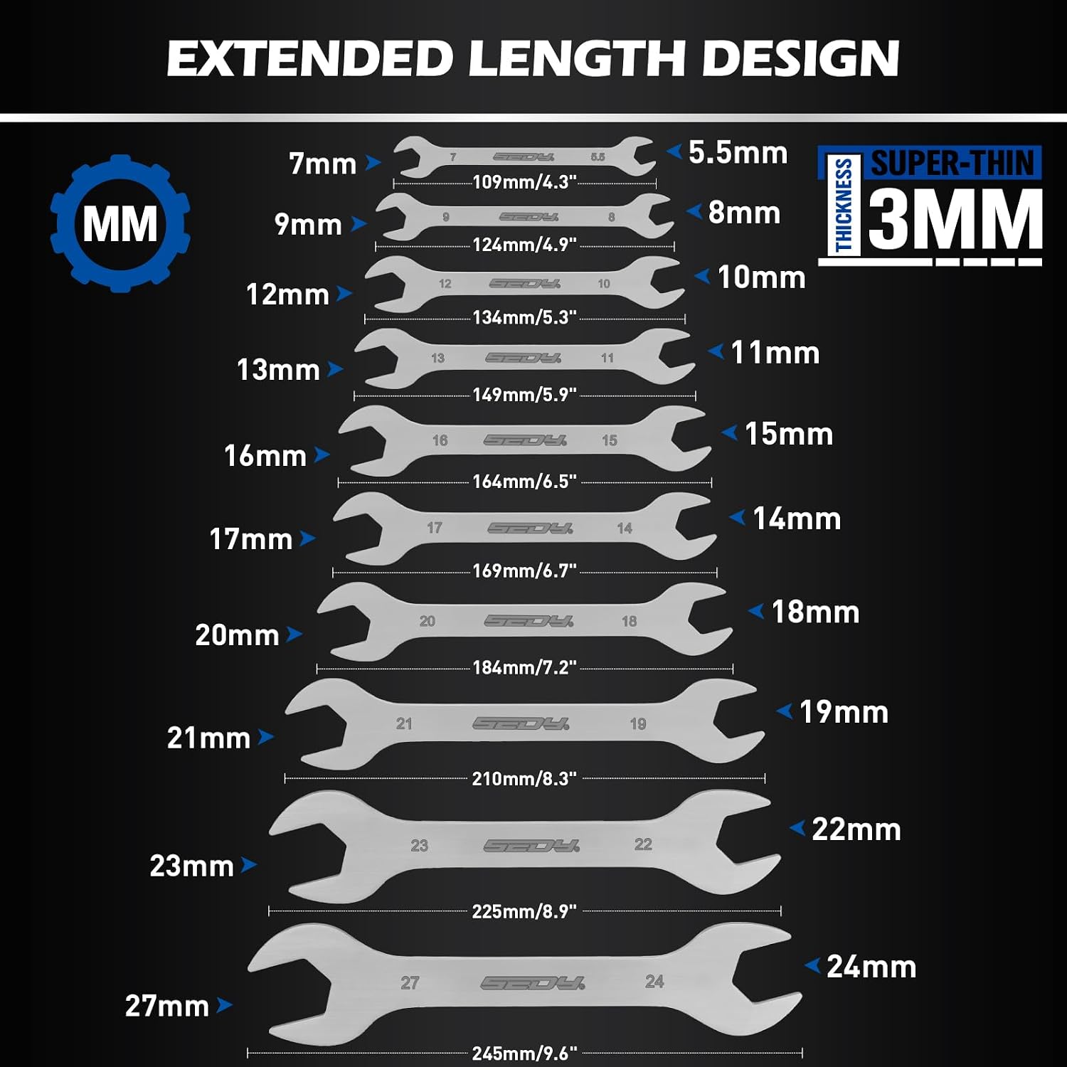19-Piece Super Thin Open-End Wrench Set, SAE 1/4"-1-1/16" & Metric 5.5–27 mm, 3 mm Thickness Slim Wrench Set for Tight Spaces, Nickel Plated Flat Wrenches with Red & Blue Rolling Storage Pouches