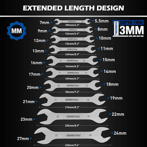 19-Piece Super Thin Open-End Wrench Set, SAE 1/4"-1-1/16" & Metric 5.5–27 mm, 3 mm Thickness Slim Wrench Set for Tight Spaces, Nickel Plated Flat Wrenches with Red & Blue Rolling Storage Pouches