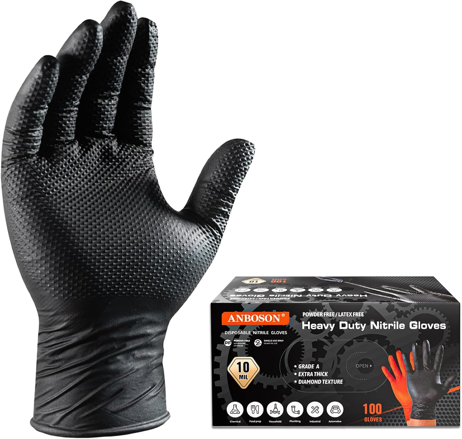ANBOSON 10 Mil Heavy Duty Diamond Texture Nitrile Gloves, X-Large, 100 Ct