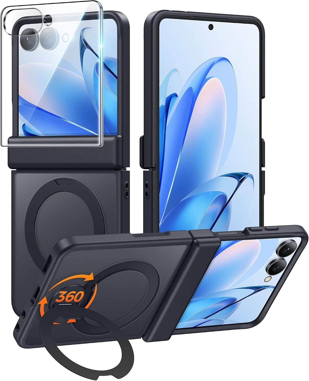 FNTCASE for Samsung Galaxy Z Flip 8 Case with 360 Spin Magnetic Stand Black
