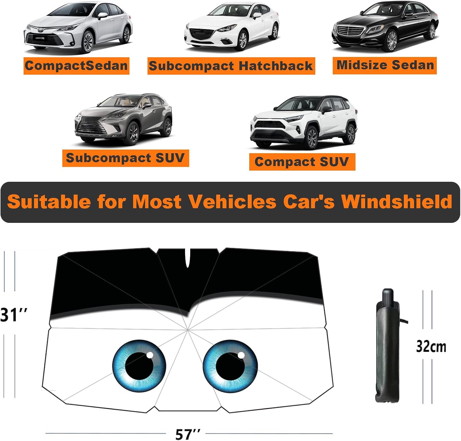 Windshield Sun Shade Umbrella for Car Front Window Sun Visor for Windshield Car Summer Accessories Protect Interior from UV Rays & Heat for Sedan, Compact SUV, Hatchbacks 57"*31"