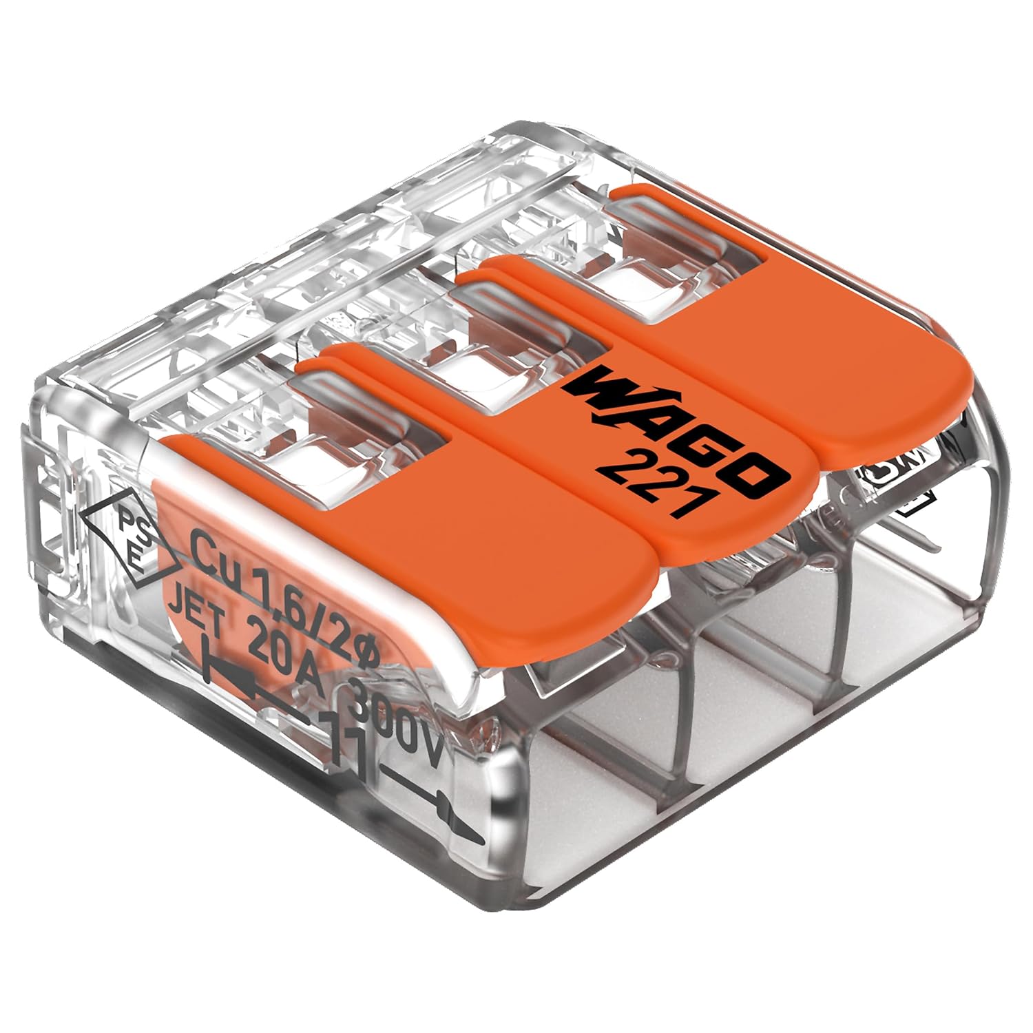 221-413 | WAGO Lever-Nuts® Splicing Connector | for Solid and Stranded Conductors | 3-Conductor with Operating levers | 24-12 AWG | Transparent housing | [Box of 50 Pieces]