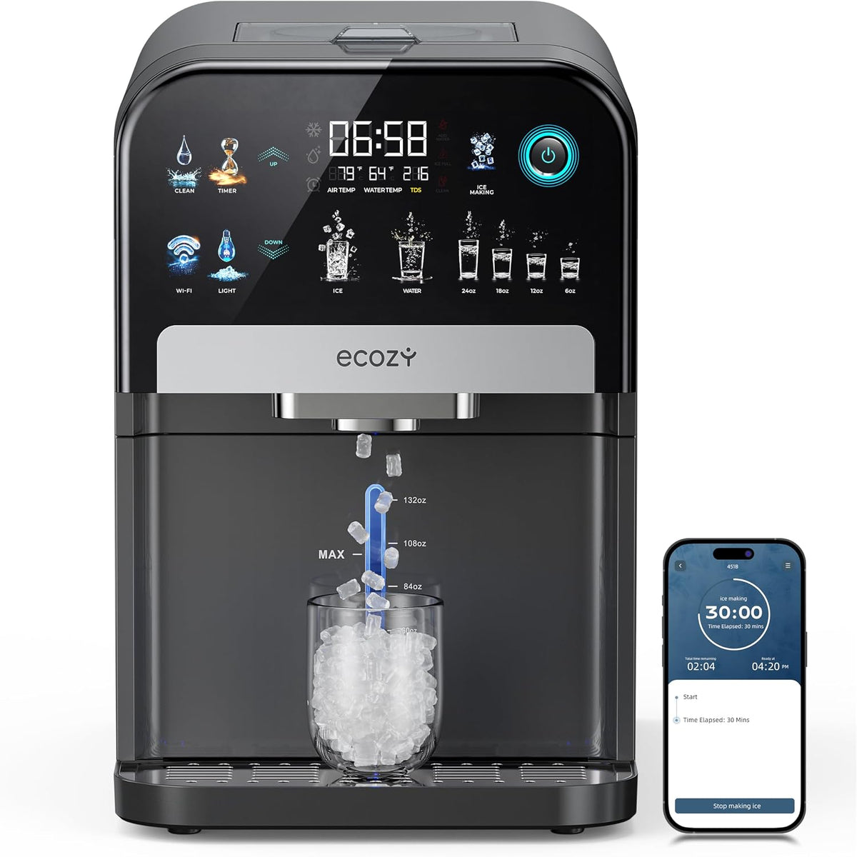 ecozy Nugget Ice Maker Dispenser, Smart 2-in-1 Pebble Ice Machine Countertop & Water Dispenser with App Control, Self-Cleaning, Auto Lighting, TDS Monitor, Measured Dispensing, 33Lbs/Day