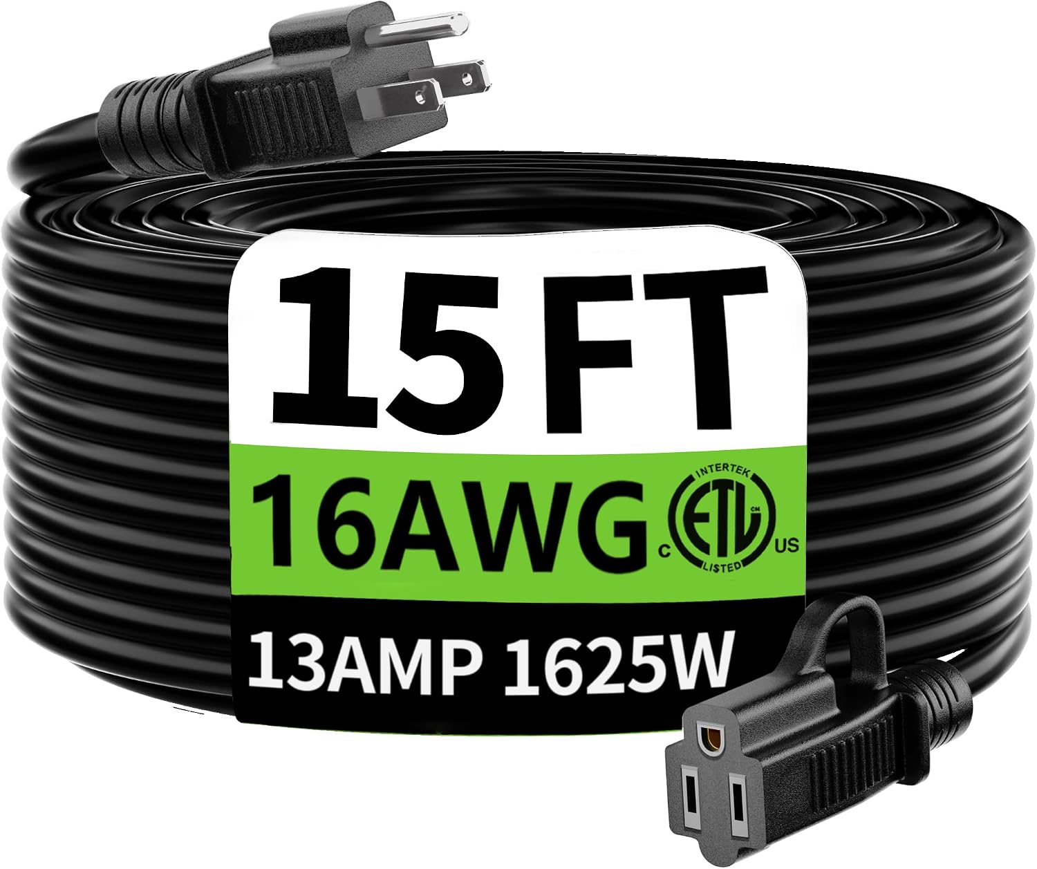HUANCHAIN Indoor Outdoor Black Extension Cord 15 FT Waterproof 16/3 Gauge