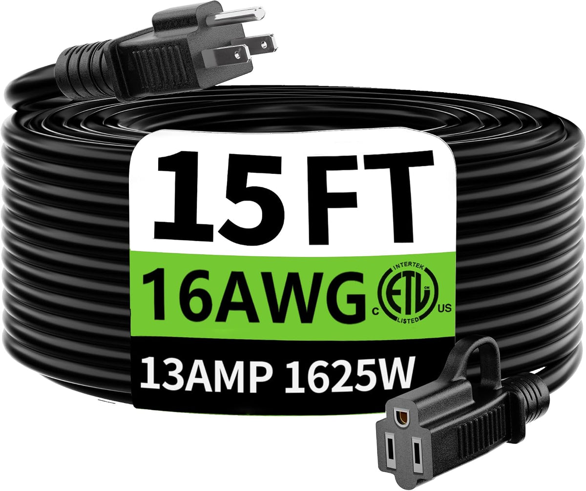 HUANCHAIN Indoor Outdoor Black Extension Cord 15 FT Waterproof 16/3 Gauge