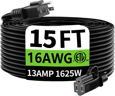 HUANCHAIN Indoor Outdoor Black Extension Cord 15 FT Waterproof 16/3 Gauge