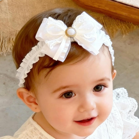Baby Girls Headband White Bow Lace Headbands Soft Elastic Bowknot Hairbands Cute Hair Accessory for Newborn Kids Infant Toddler Baptism Birthday Party (Bow E)