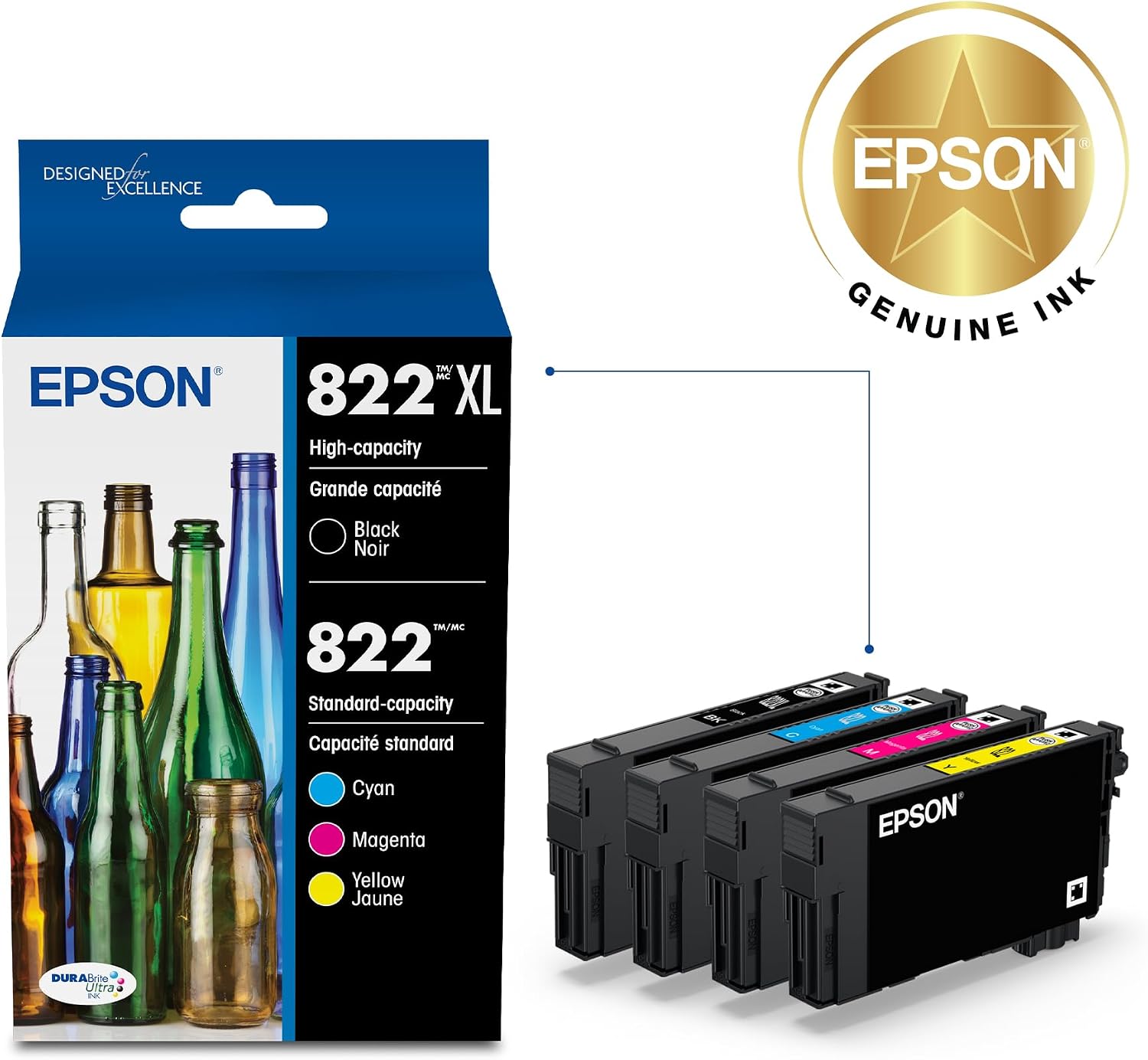 EPSON 822 DURABrite Ultra Ink High Capacity Black & Standard Color Cartridge Combo Pack (T822XL-BCS) Works with WorkForce Pro WF-3820,3823, 4820, 4830, 4833, 4834
