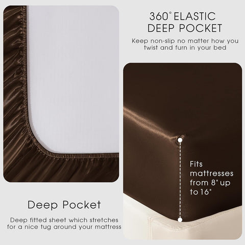 FreshCulture Satin Sheets Twin Size Bed Set - 3 Piece Luxury Soft Silky Twin Bed Sheets, Similar to Silk Sheet Set with 1 Deep Pocket Fitted Sheet, 1 Flat Sheet & 1 Pillowcase (Brown)