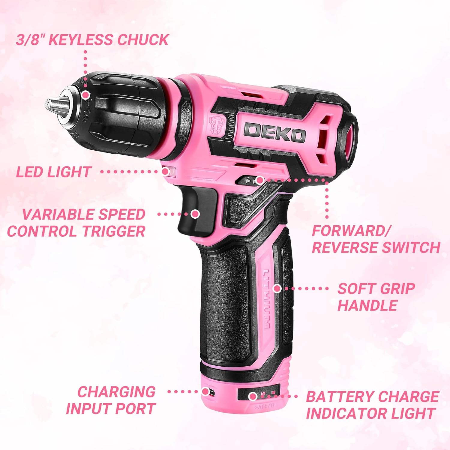 Cordless Drill：DEKOPRO 12V Power Drill Set with Pink 800RPM Electric Drills with Tool Set Gift Box, Pink Drill Set for Women
