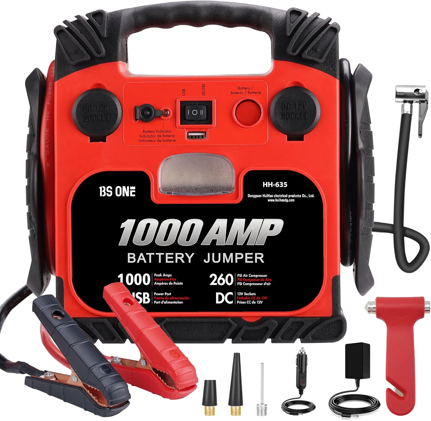 BS ONE 1000 Amp Peak Current Car Jump Stater, 12V Lead Acid Battey Jump Box with 260PSI Air Compressor, Jump Starter Battery Pack with Led Light & USB Output