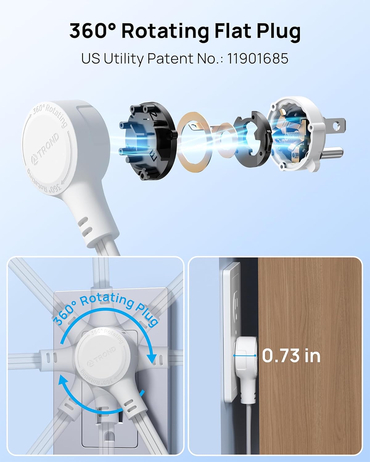 TROND 360° Rotating Flat Plug Power Strip 10ft, 4 Widely AC Outlets, White