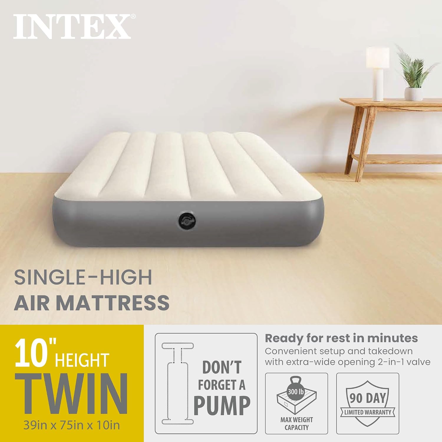 Intex 64101E Dura-Beam Standard Single-High Air Mattress: Fiber-Tech – Twin Size – 10in Bed Height – 300lb Weight Capacity – Pump Sold Separately