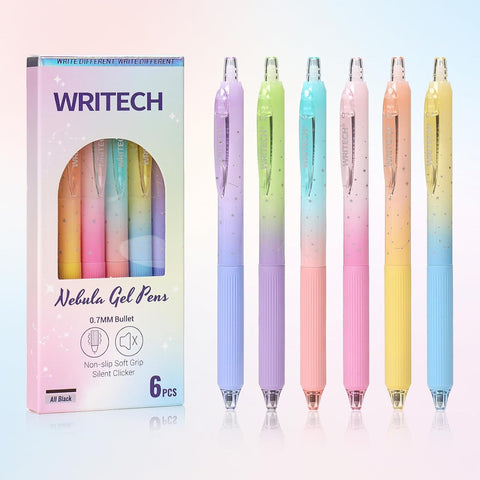 WRITECH Gel Pens Fine Point: Nebula Pen Set 0.7mm Black Ink Retractable 6ct Medium Point Smooth Writing with Aesthetic Gradient Color Barrel for Journaling Note Taking Silent Click No Smear
