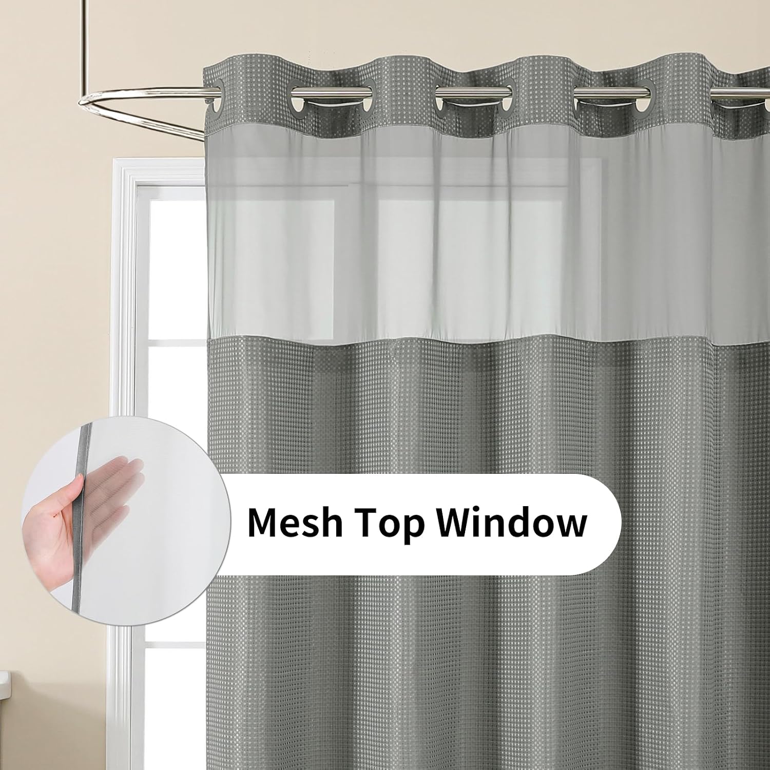 Colorful Star Waffle Weave No Hook Shower Curtain Set, 72 x 75 Inch, Grey